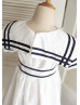 Ivory Navy Blue Stripe Taffeta Knee Length Flower Girl Dress